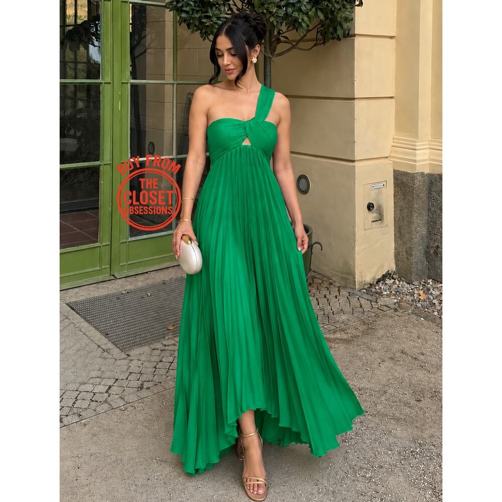 Mango NWT Emerald Green One Shoulder Pleated Maxi Dress 6 8 10 - Picture 4 of 16